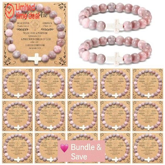 16 Pcs Cross Beaded Bracelets with Bible Cards Natural Stone Faith Gifts - Picture 2 of 7